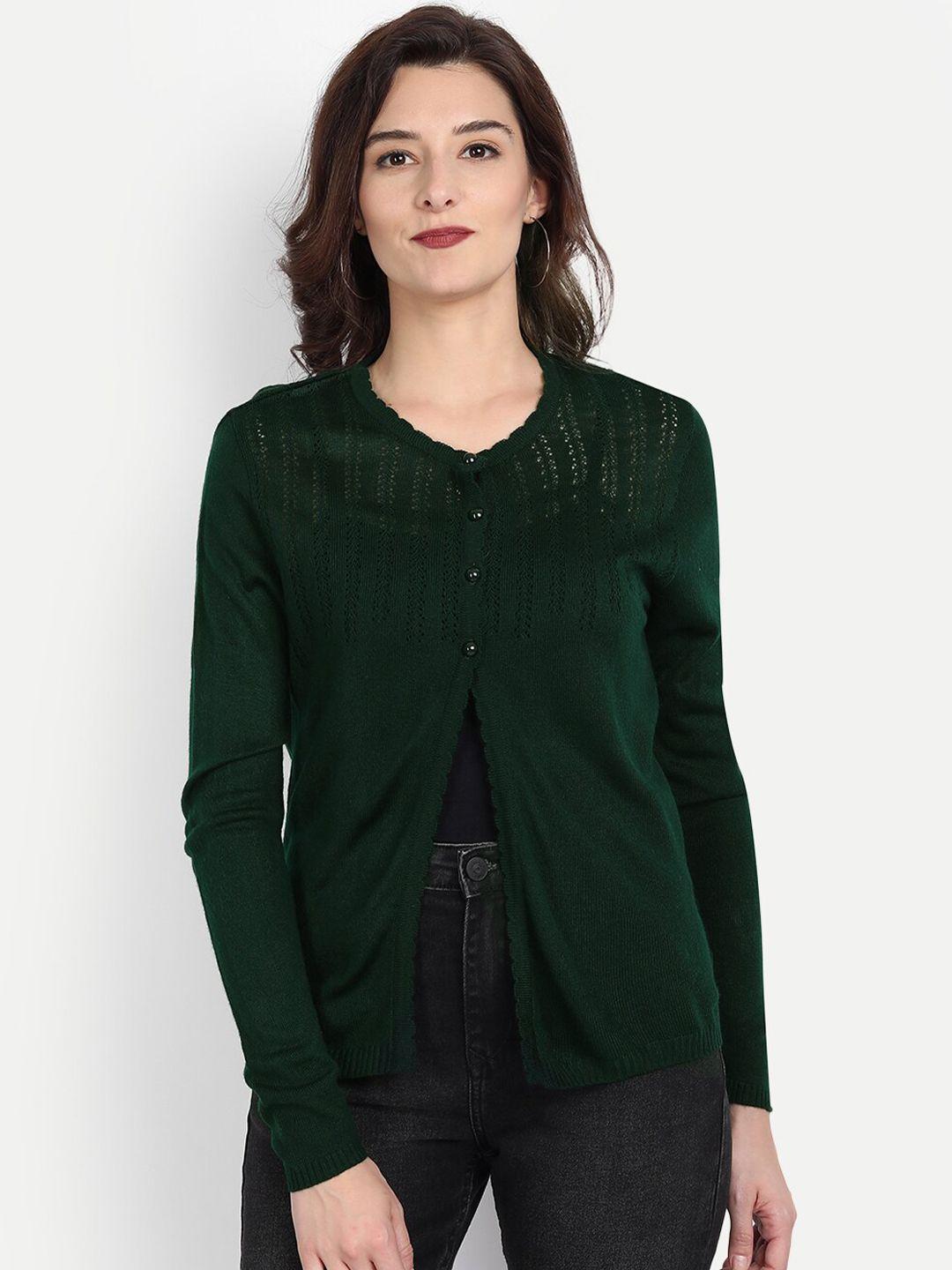 clapton women green cable knit woollen cardigan with applique detail