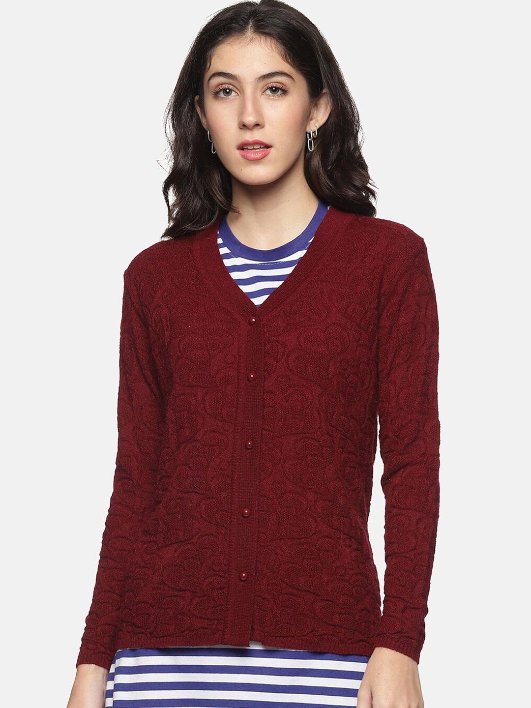 clapton women maroon cable knit woollen cardigan