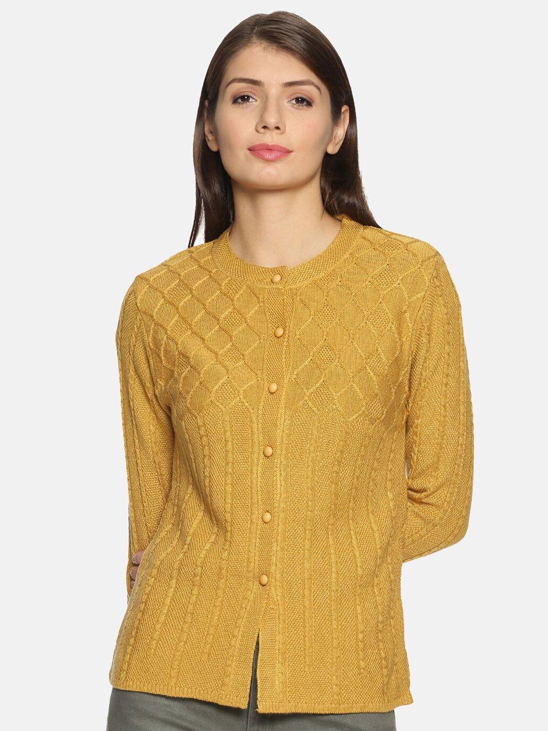 clapton women mustard woollen cardigan with applique detail
