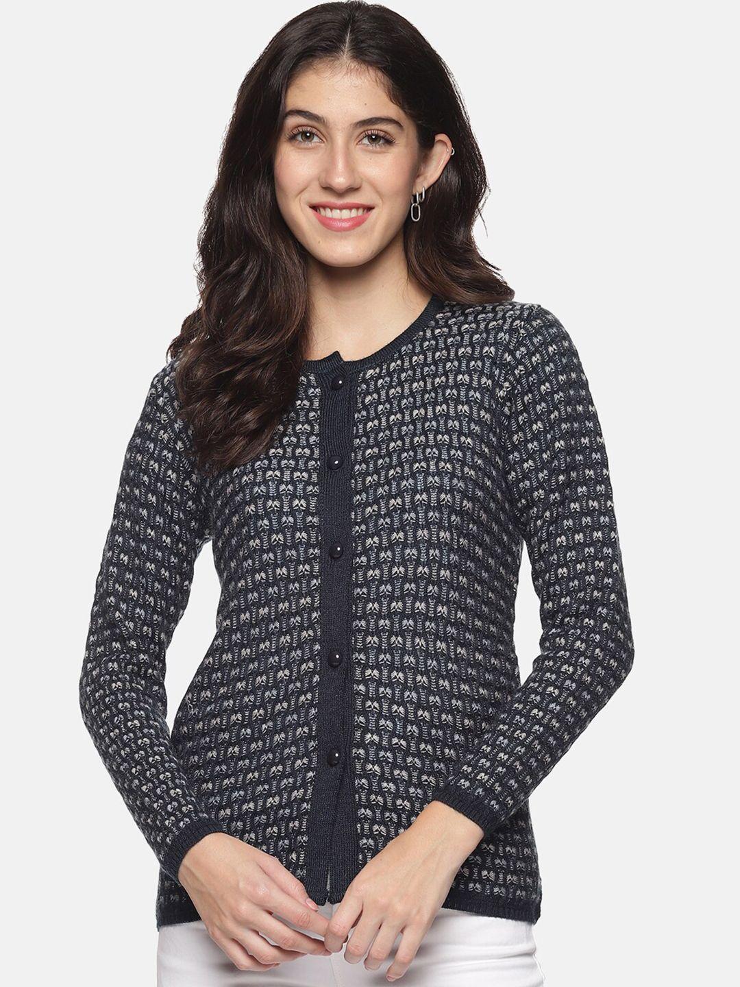 clapton women navy blue & grey cable knit woollen cardigan with applique detail