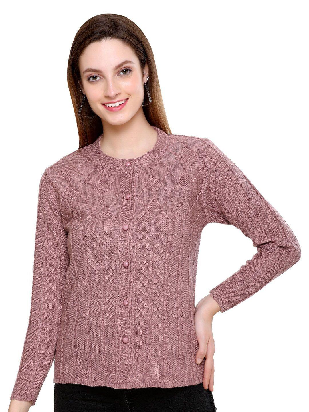 clapton women peach-coloured cable knit woollen cardigan with applique detail