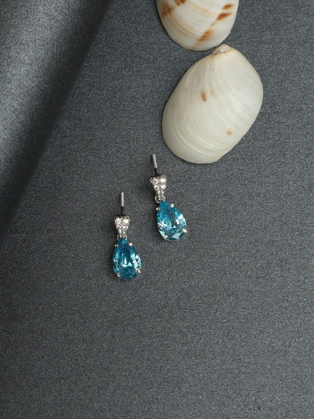 clara rhodium-plated turquoise blue & silver-toned teardrop shaped  drop earrings
