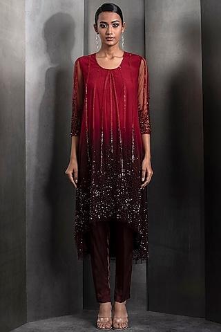 claret red tulle sequins & crystal bead embellished high-low ombre kurta set