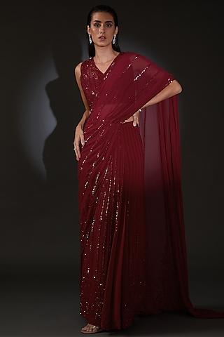 claret red georgette embroidered saree set