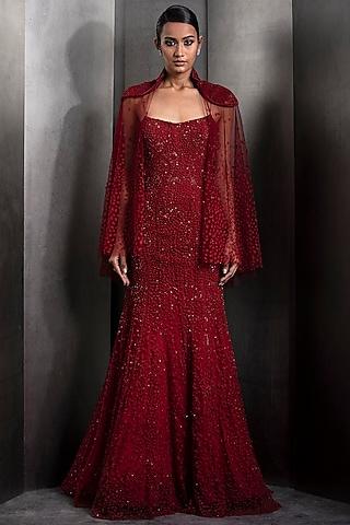 claret red tulle sequins crystal embellished gown with cape