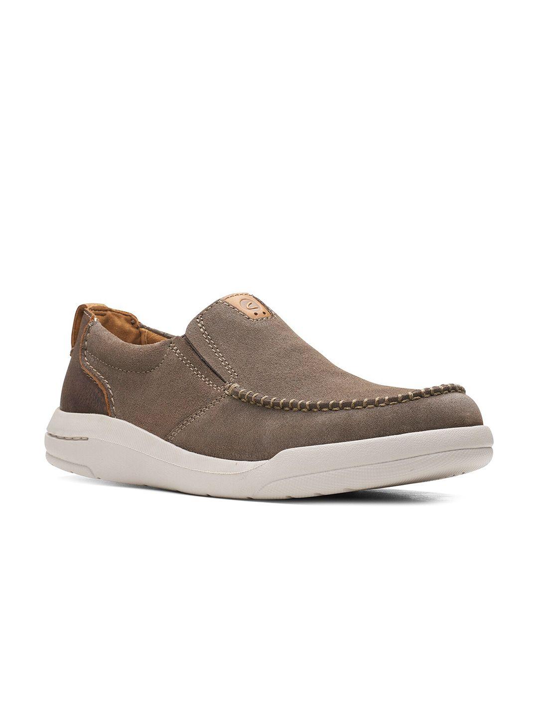 clarks men taupe suede slip-on sneakers