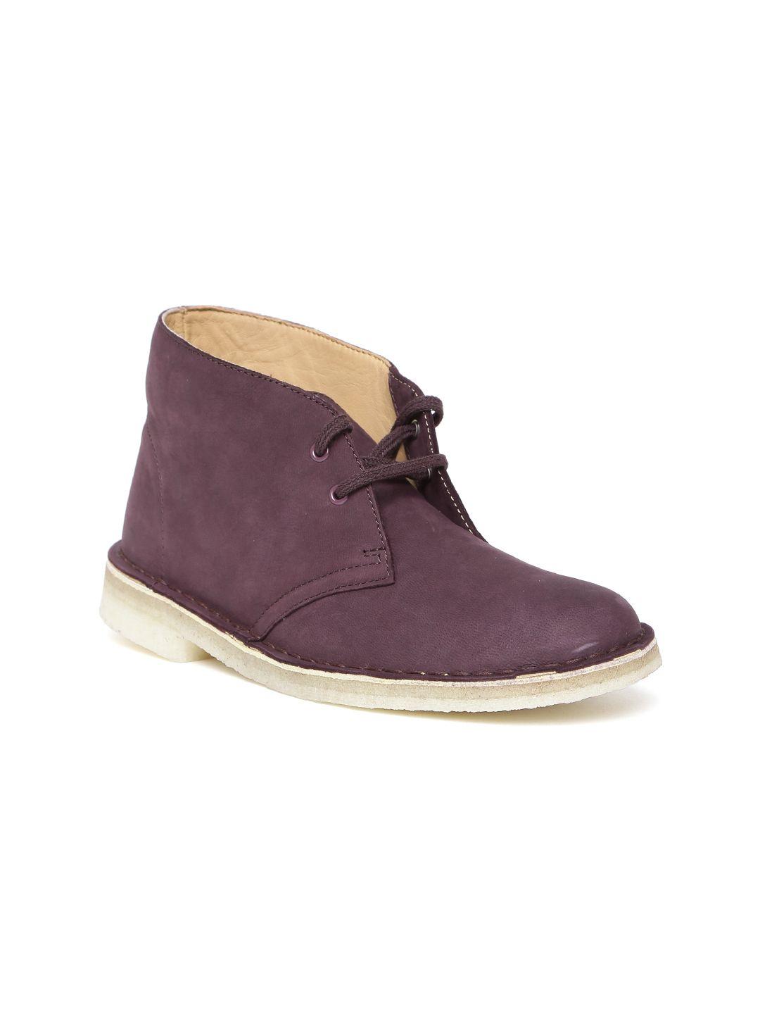 clarks women purple solid synthetic leather mid-top flat boots