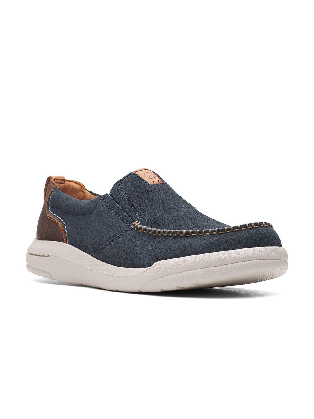 clarks men navy blue colourblocked suede slip-on sneakers