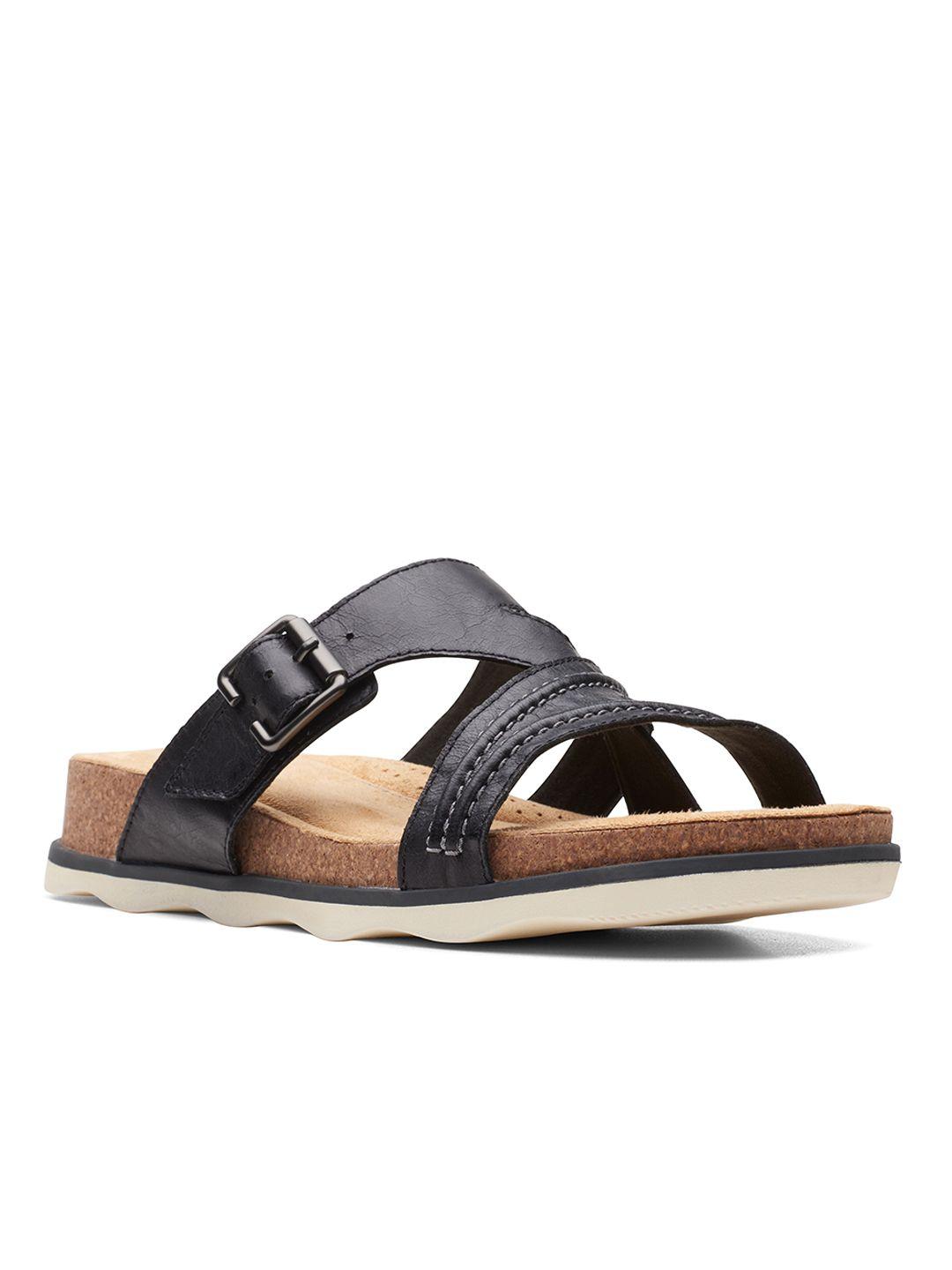 clarks women black & beige leather comfort sandals