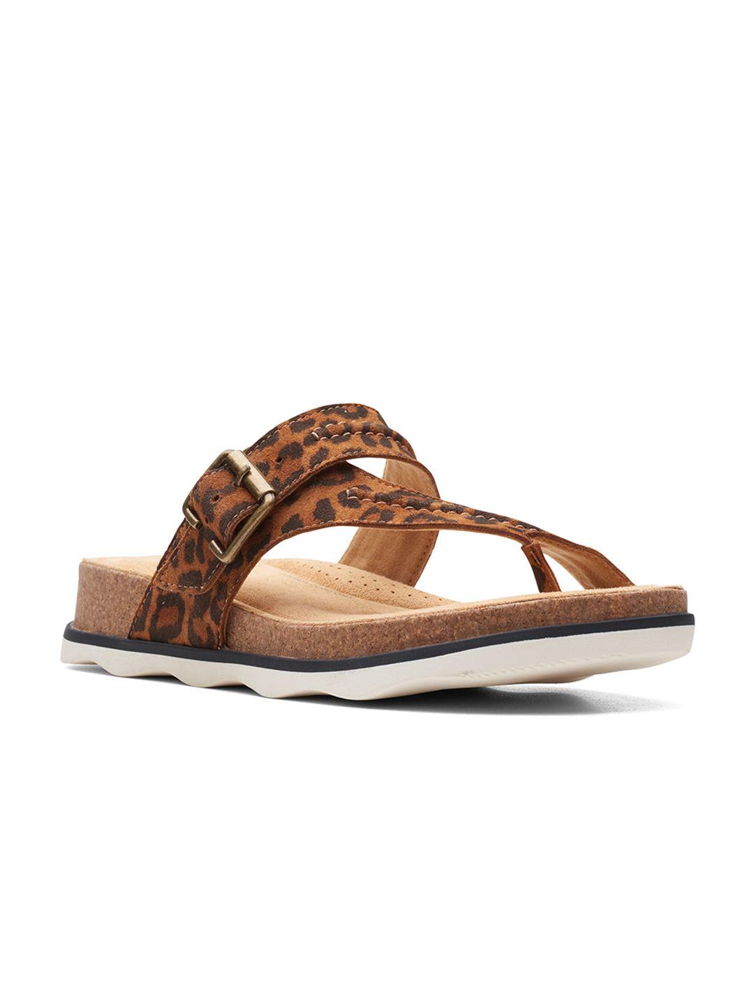 clarks women brown leopard printed leather t-strap flats