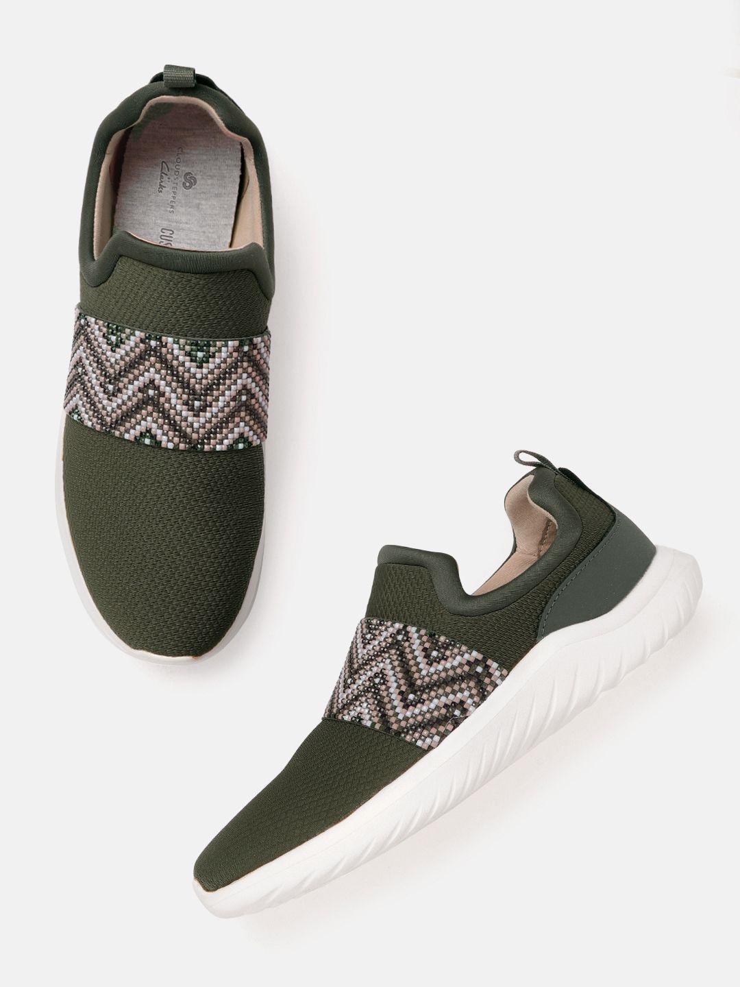 clarks women olive green & white woven design slip-on sneakers