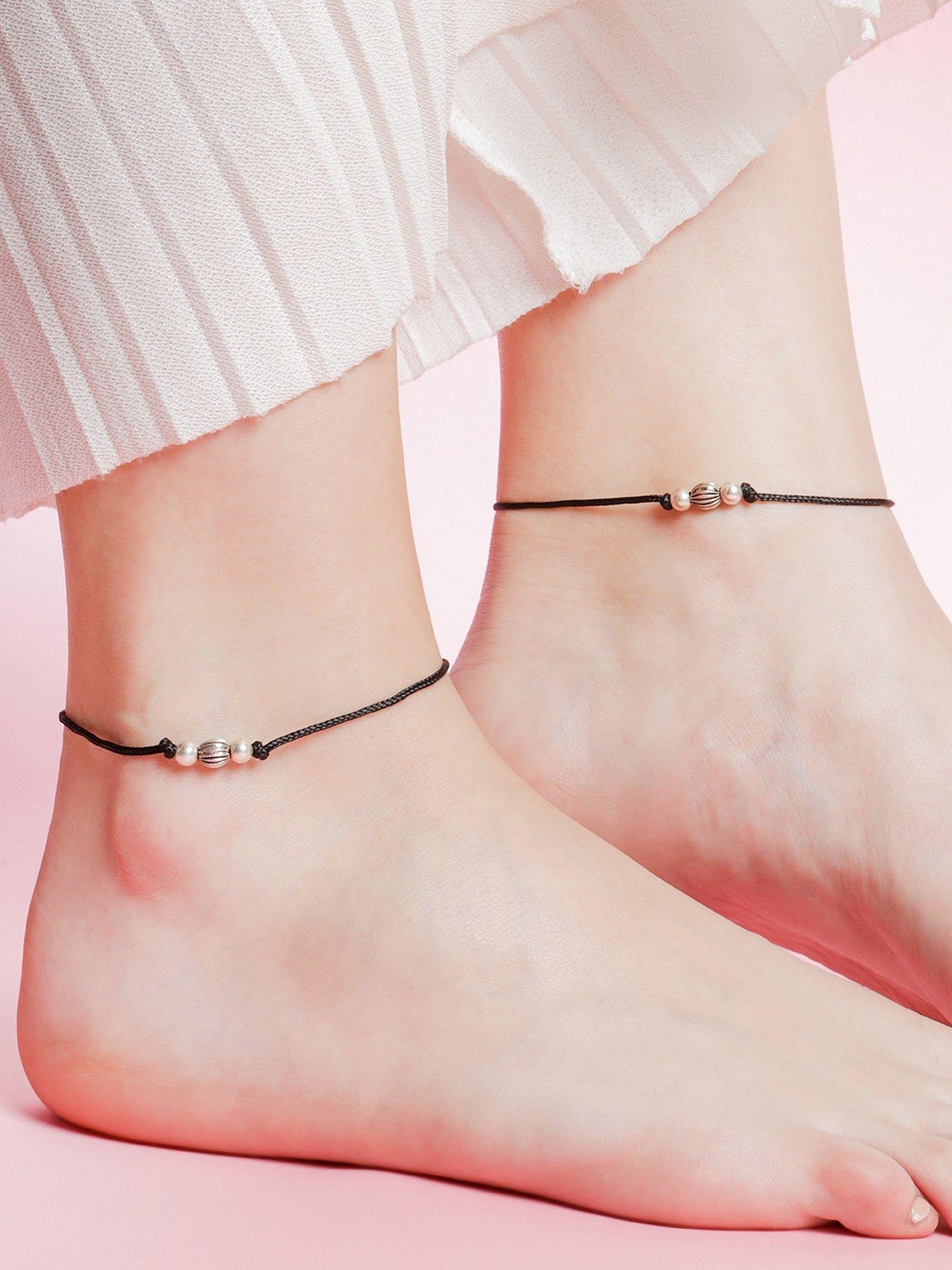 classic rhodium plated 925 sterling silver thread anklet pair