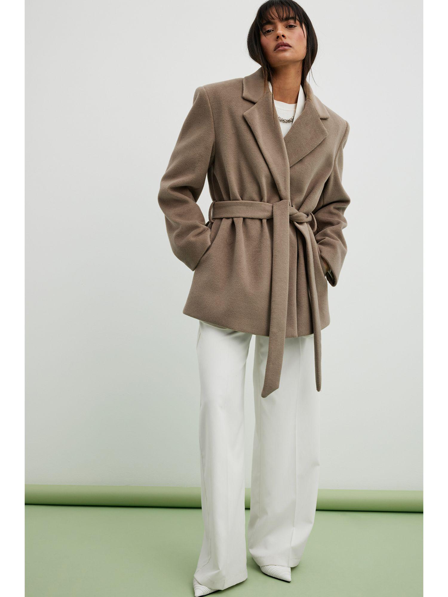 classic belted short coat taupe