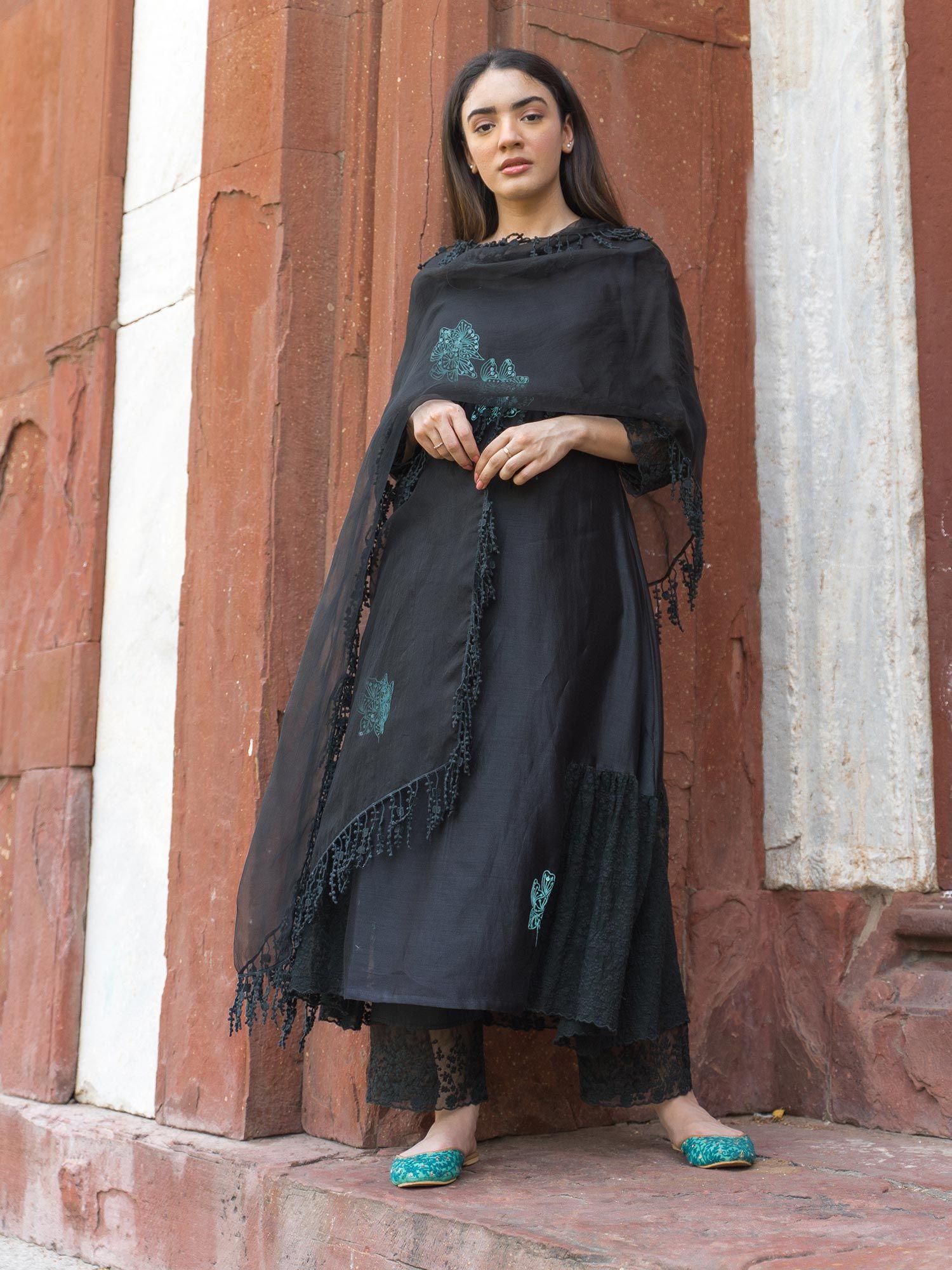 classic black ensemble kurta with pant and dupatta (set of 3)