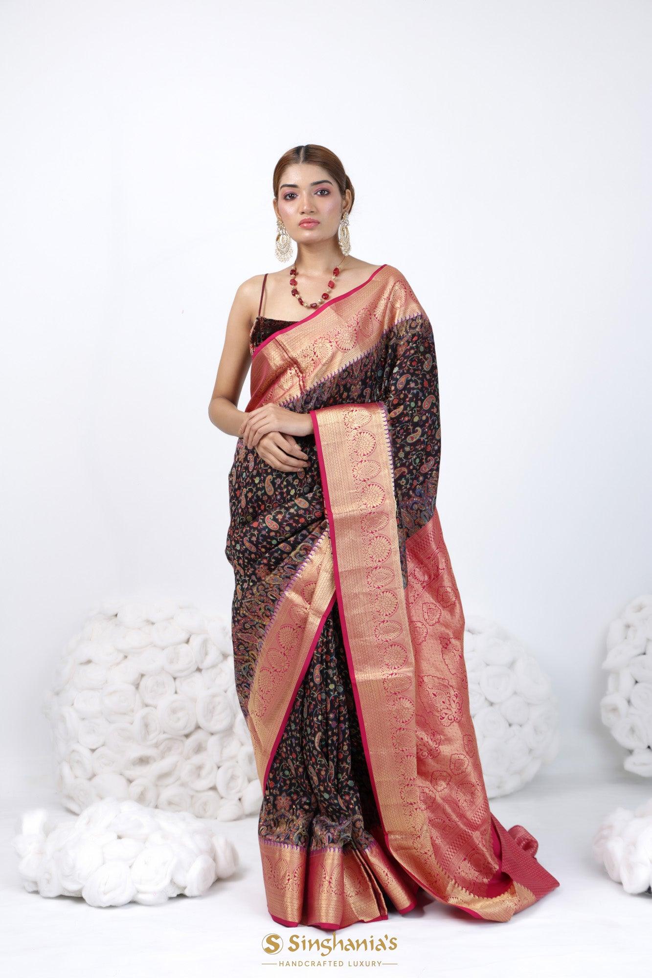 classic black kani silk saree with floral-paisley weaving