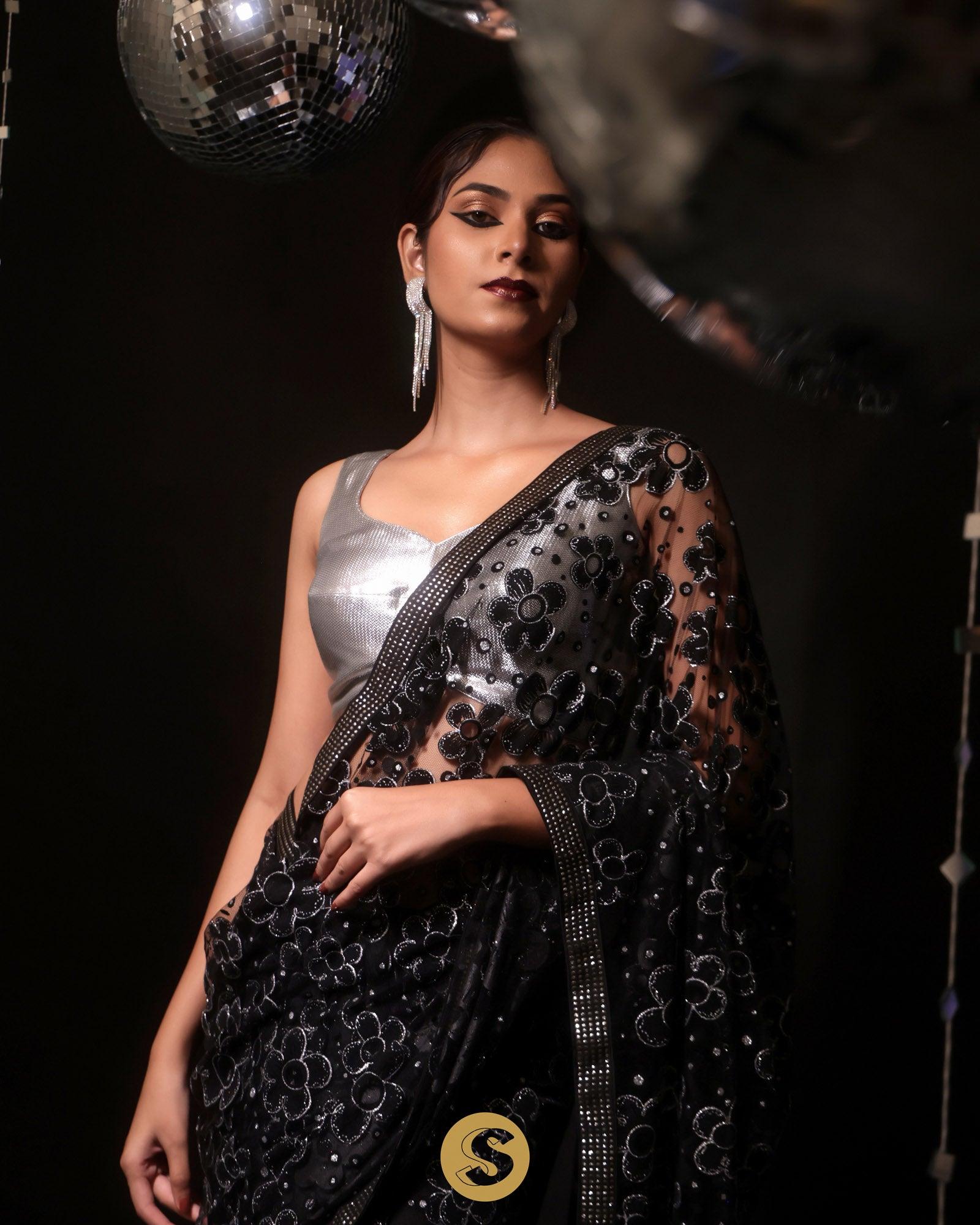 classic black net saree with mukaish embroidery