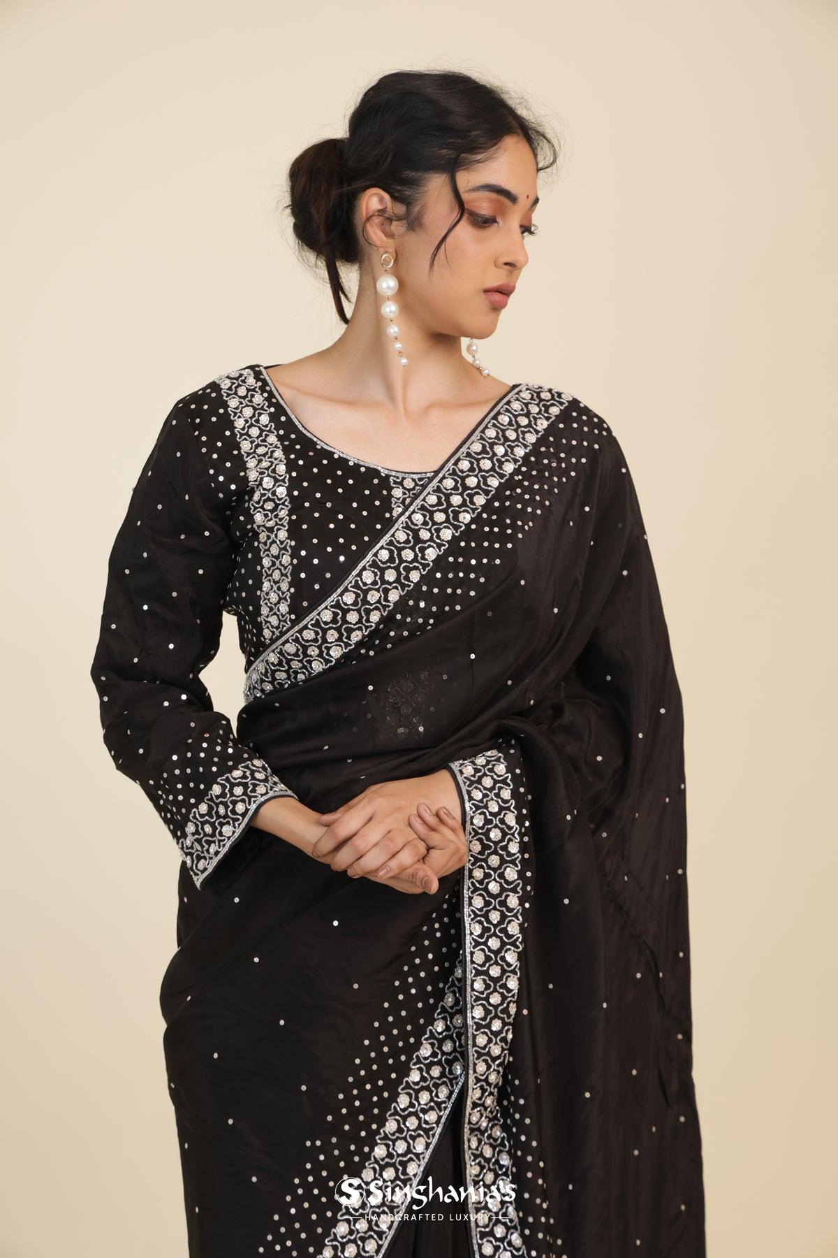 classic black organza designer saree with floral embroidery