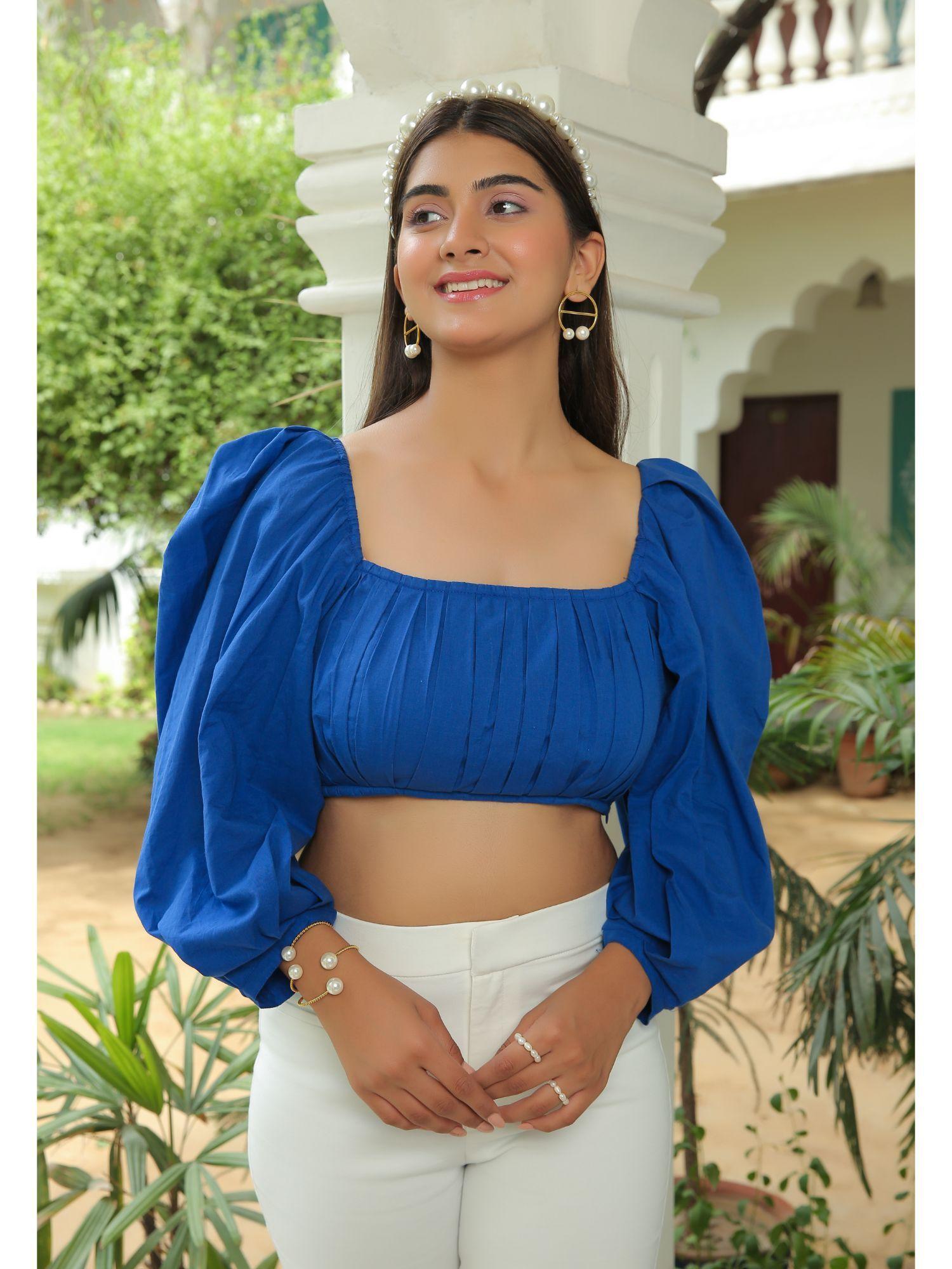 classic blue bishop sleeve crop top