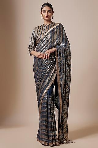 classic blue chiffon sequins embroidered striped saree set