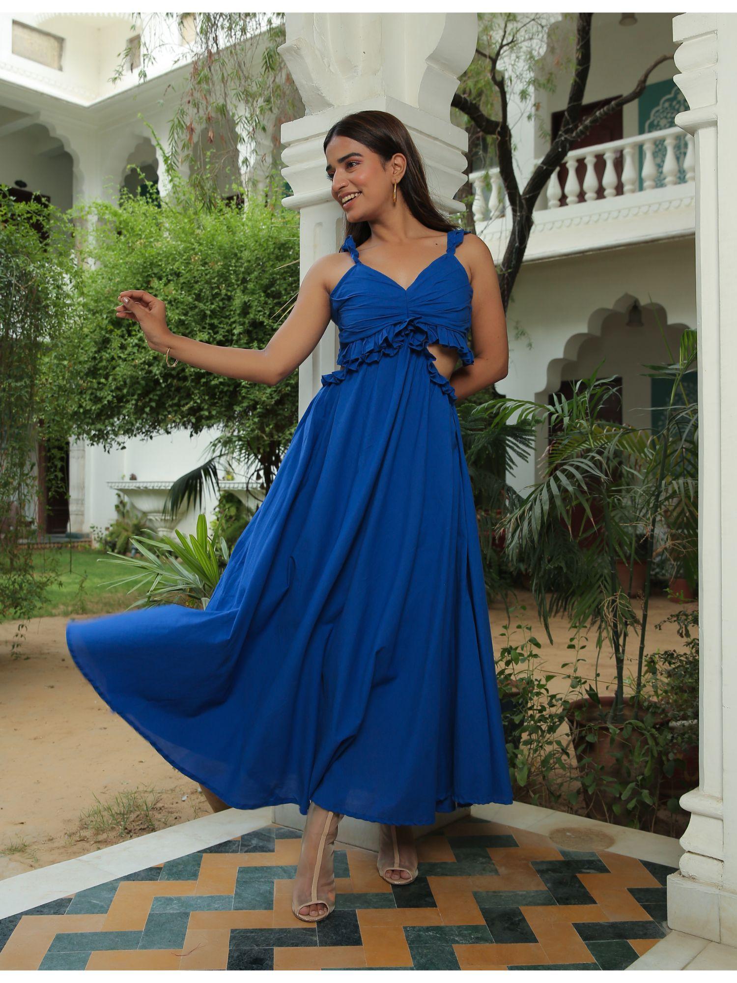 classic blue ruffled waist cut out maxi dress