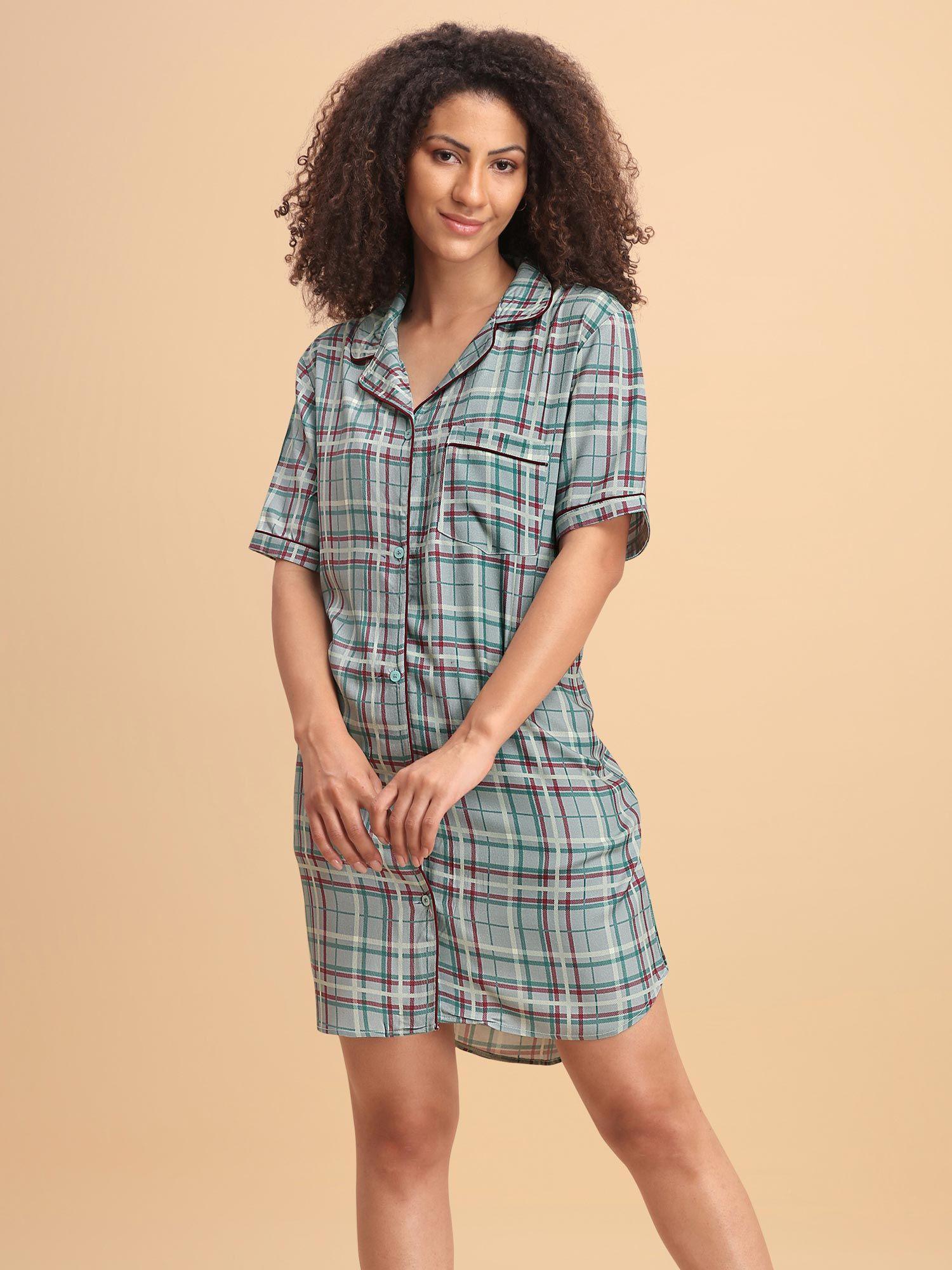 classic checkered liva rayon twill collared nightwear sleepshirt-grey