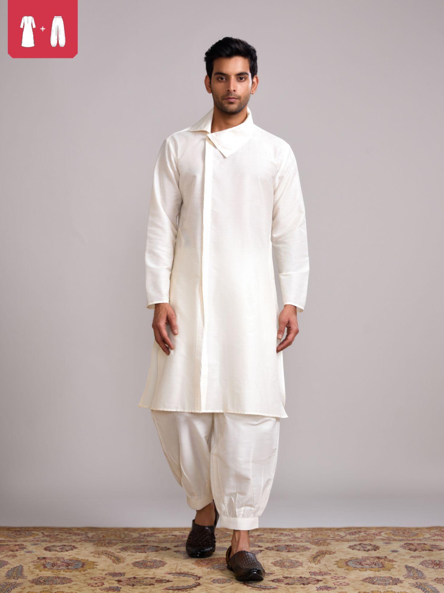 classic collar straight kurta paired pathani pant- ivory (set of 2)