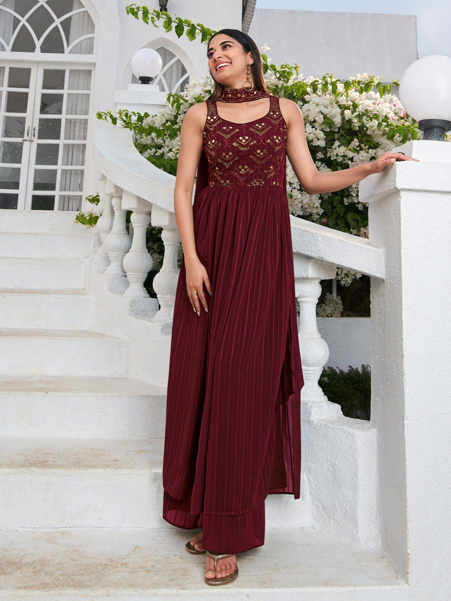 classic embroidered maroon georgette semi stitched gown (set of 2)