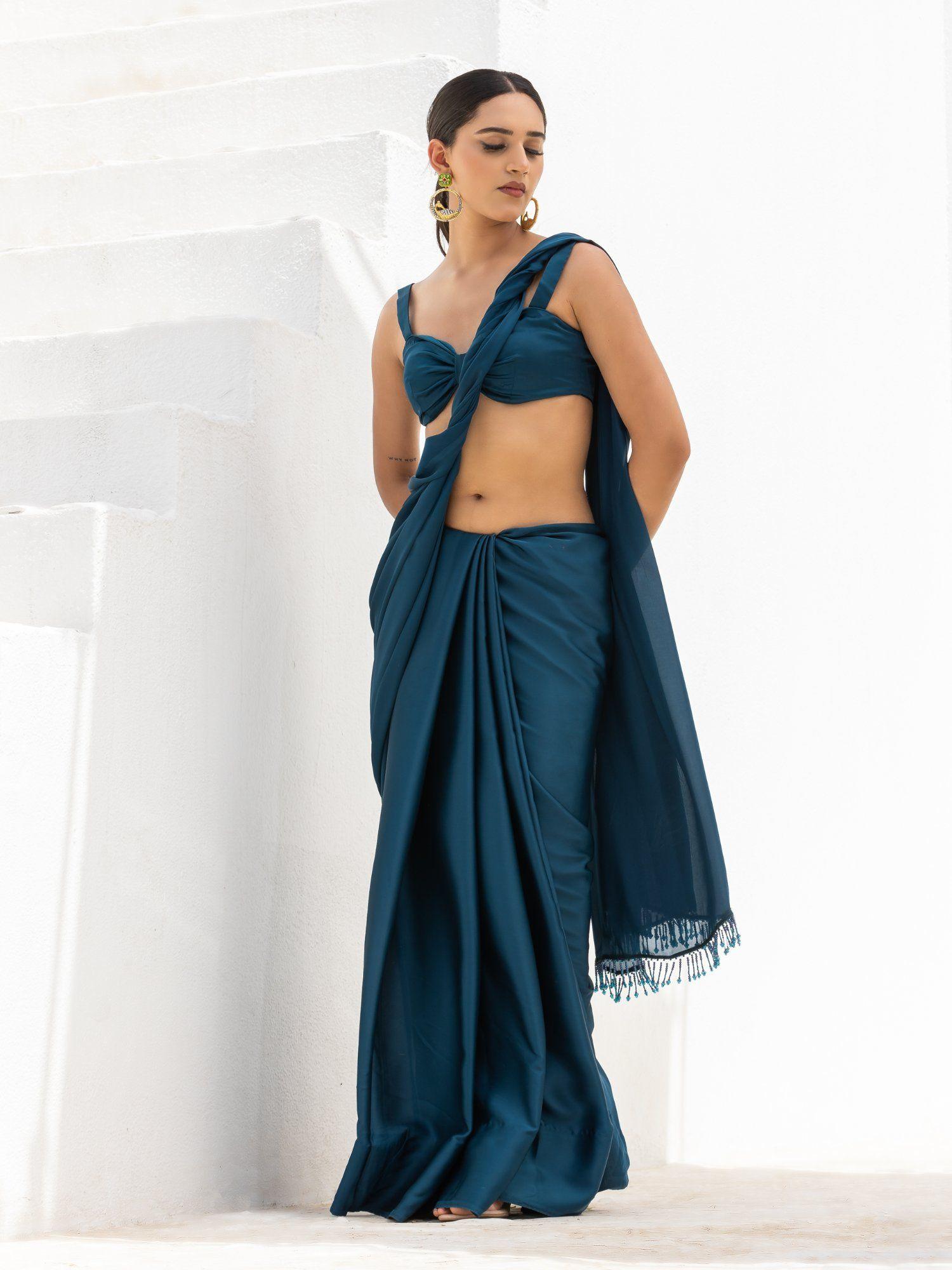 classic lethal blue satin saree with beaded lace & unstitched blouse