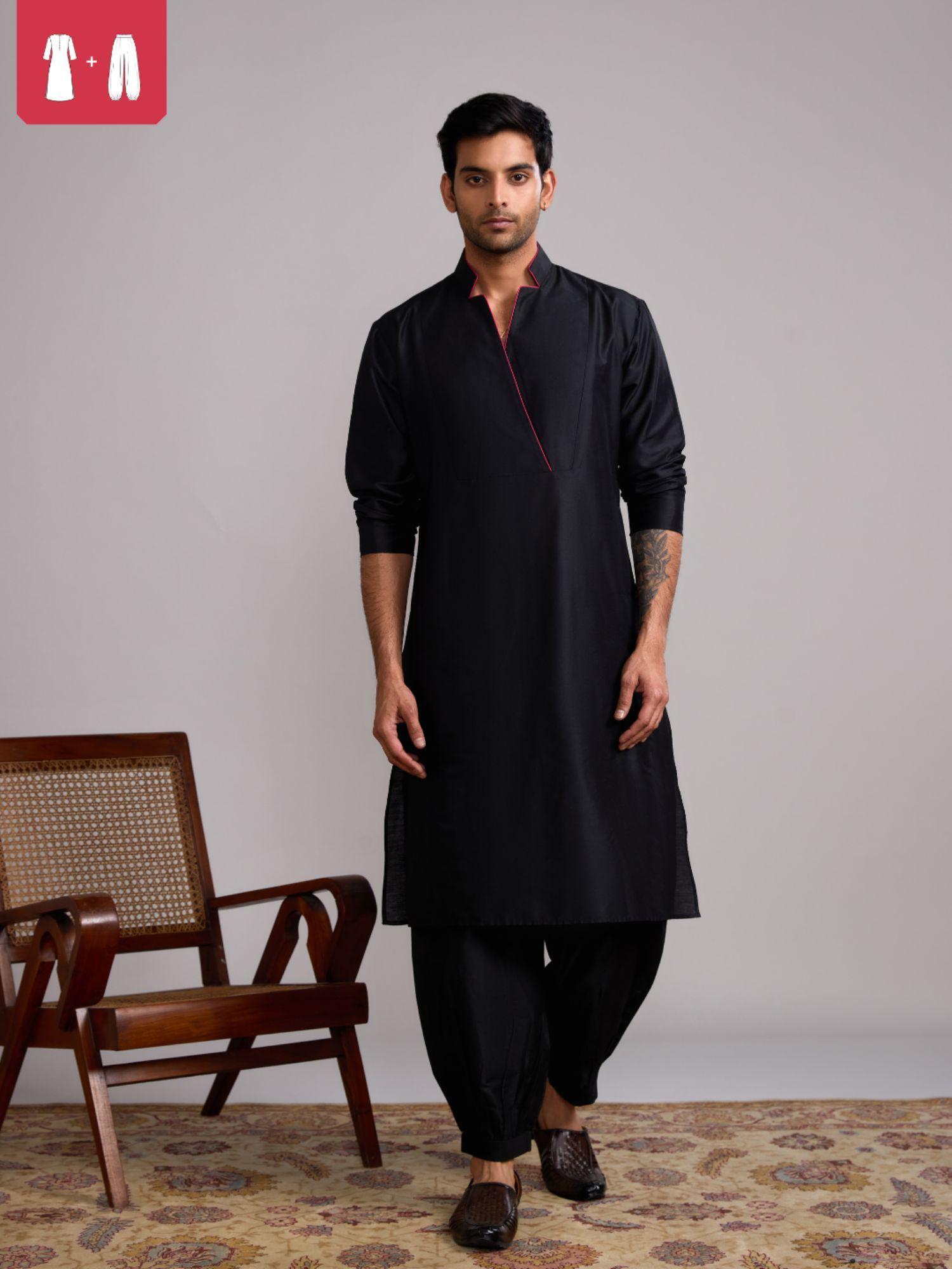 classic mandarin straight kurta paired with pathani pant- rich black (set of 2)