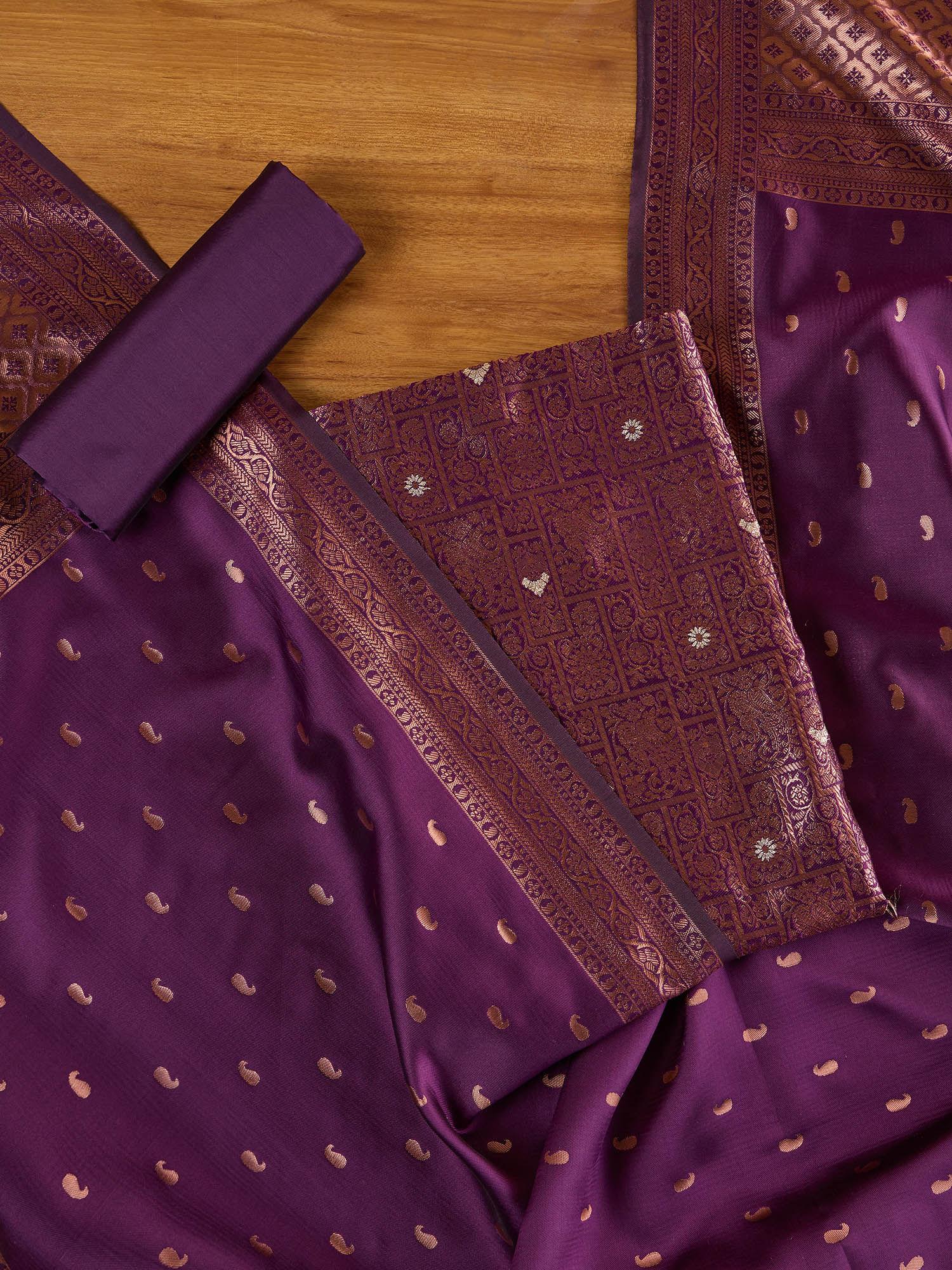 classic modal fabric with golden zari embroidered unstitched suit set with lining (set of 3)