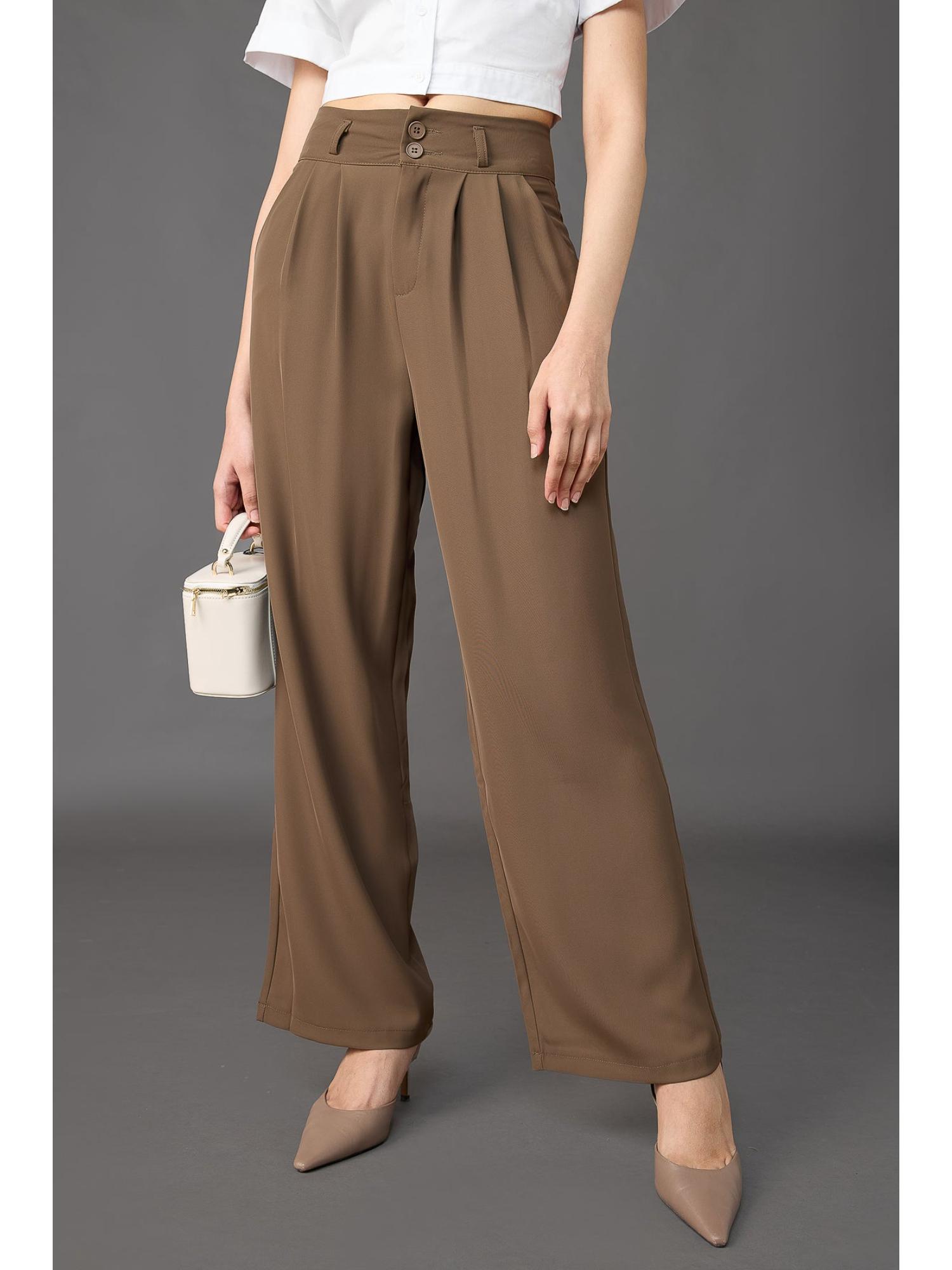 classic pleated wide leg korean pants - olive brown