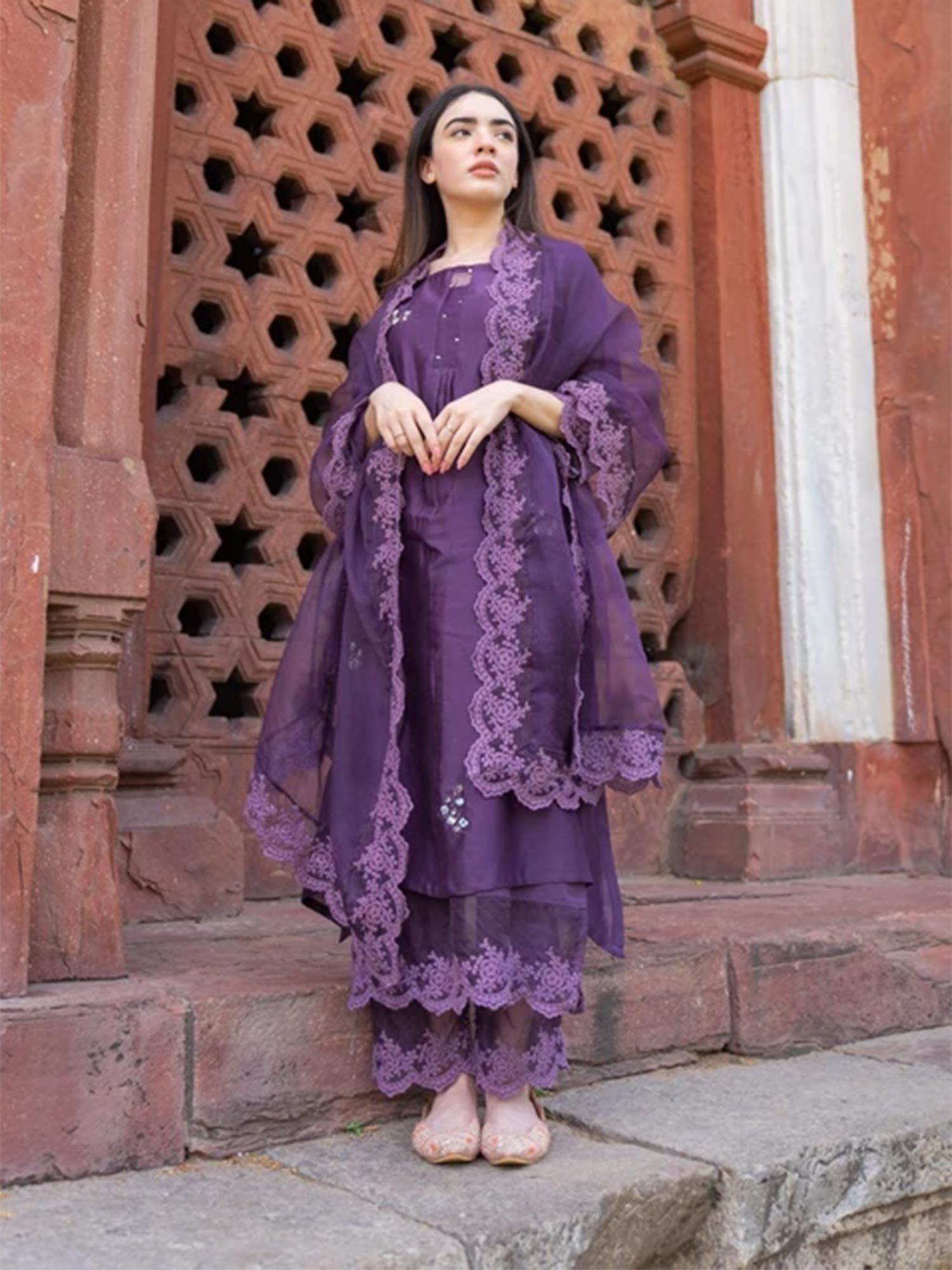 classic purple ensemble kurta with pant & dupatta (set of 3)