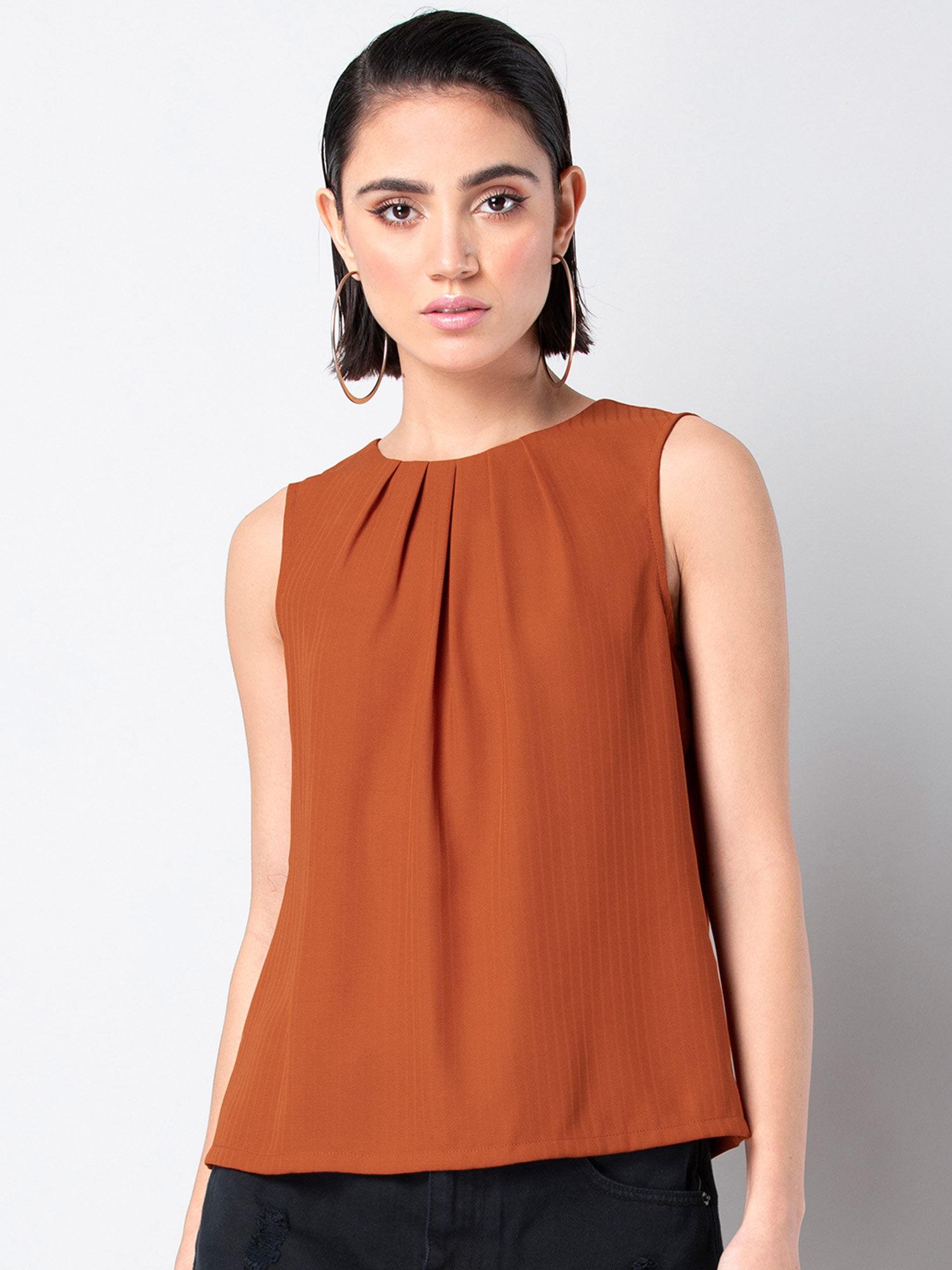 classic rust pleated sleeveless blouse