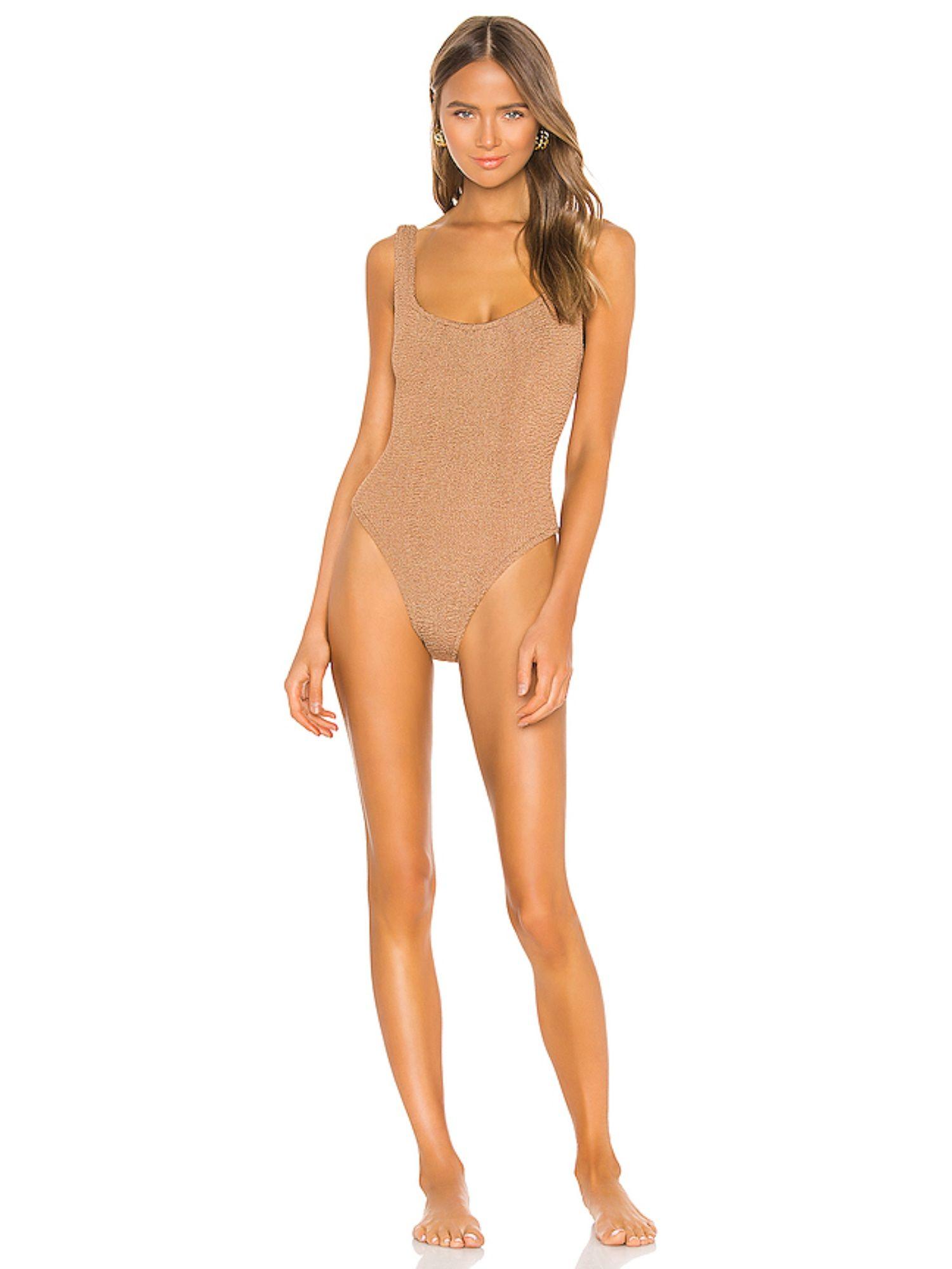 classic square neck one piece tan