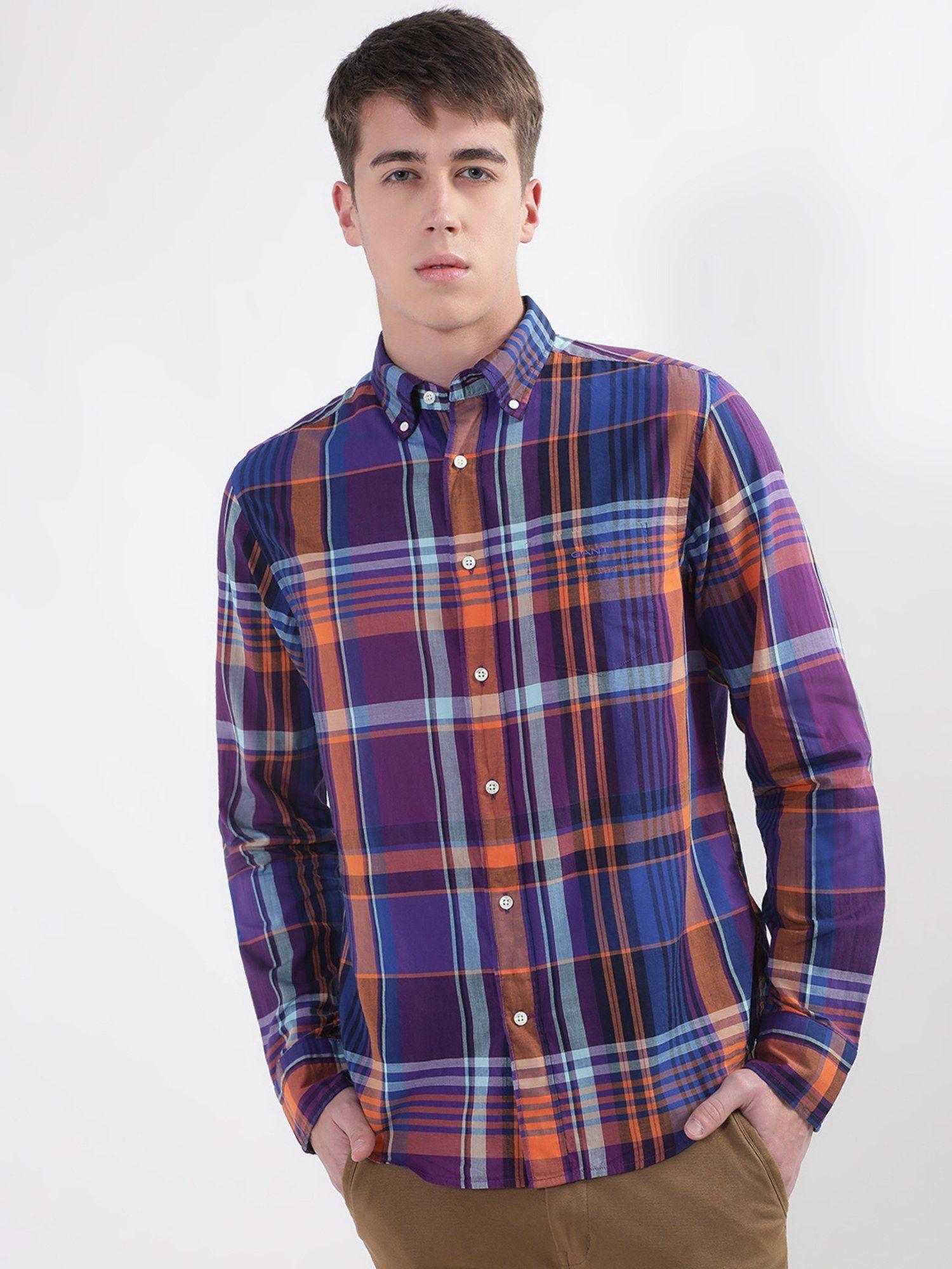 classic tartan checks opaque button down collar cotton casual shirt