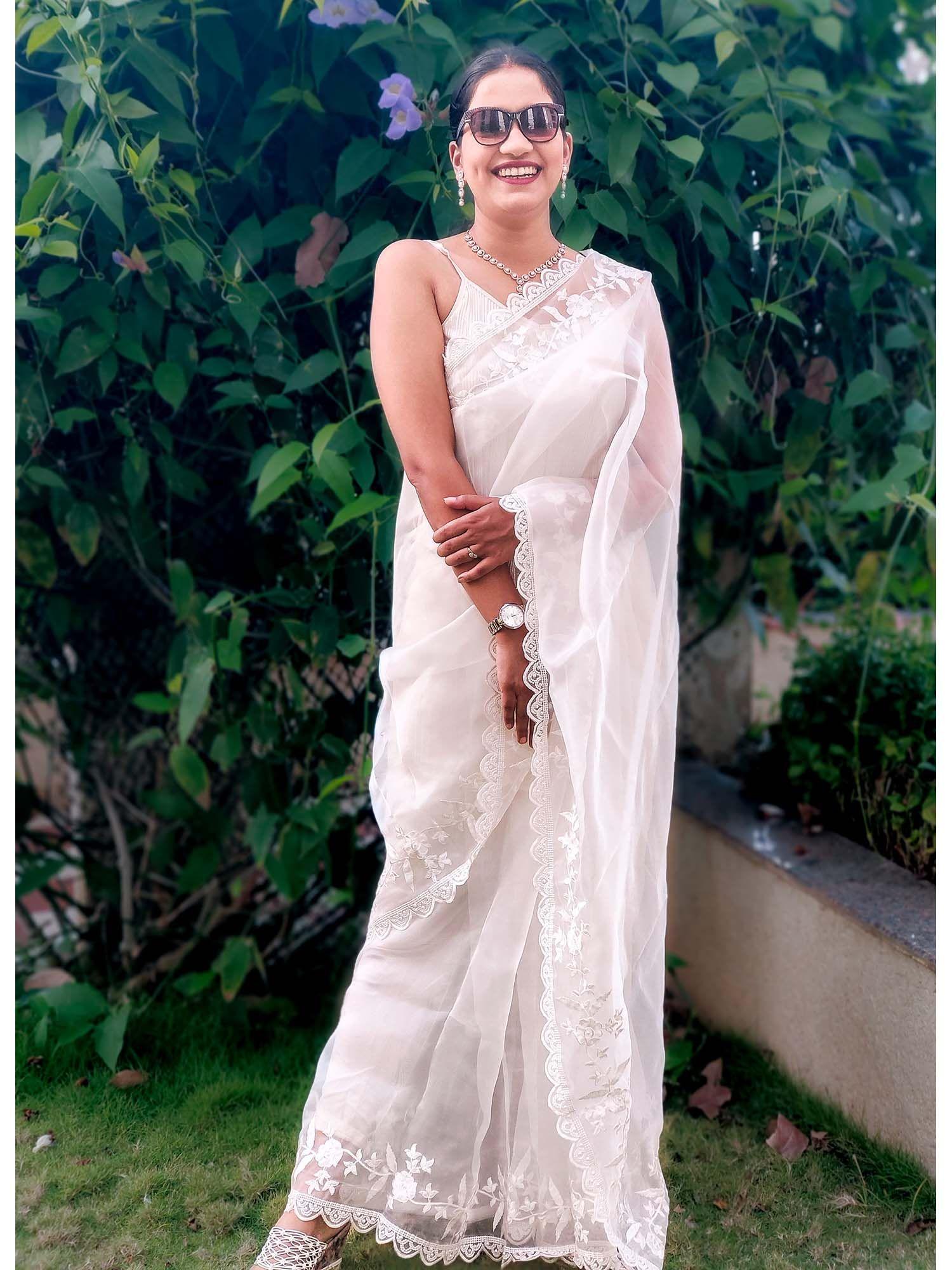 classic white embellished organza saree with unstitched blouse