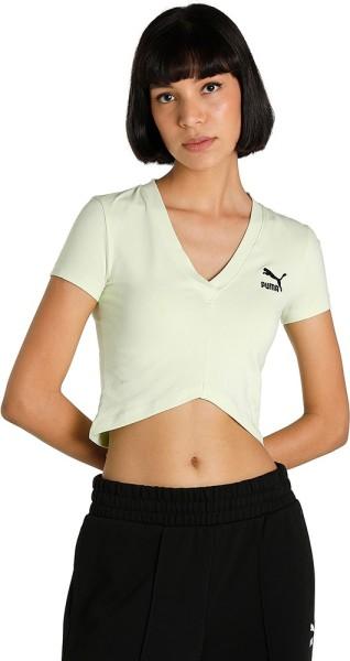 classics cropped slim tee women solid v neck cotton blend green t-shirt