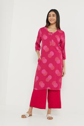 classy printed rayon round neck women's casual wear kurta - pink