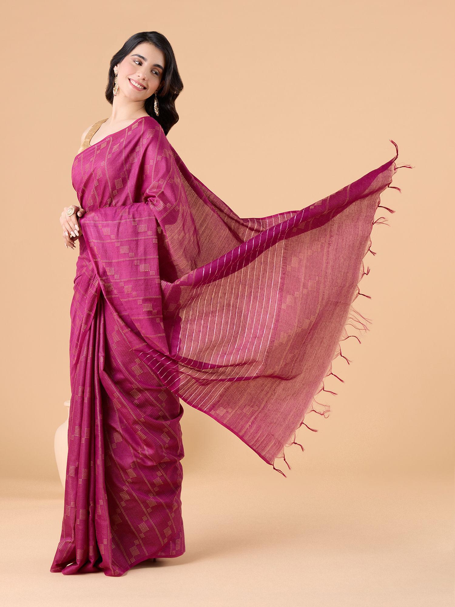 classy blended fabric contrast thread work striped pallu pink saree & unstitched blouse