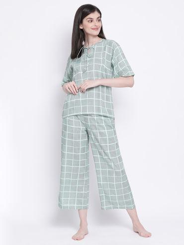 classy checks top & pyjama in teal green- rayon