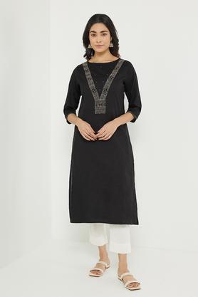 classy embroidered cotton round neck women's casual wear kurta - black