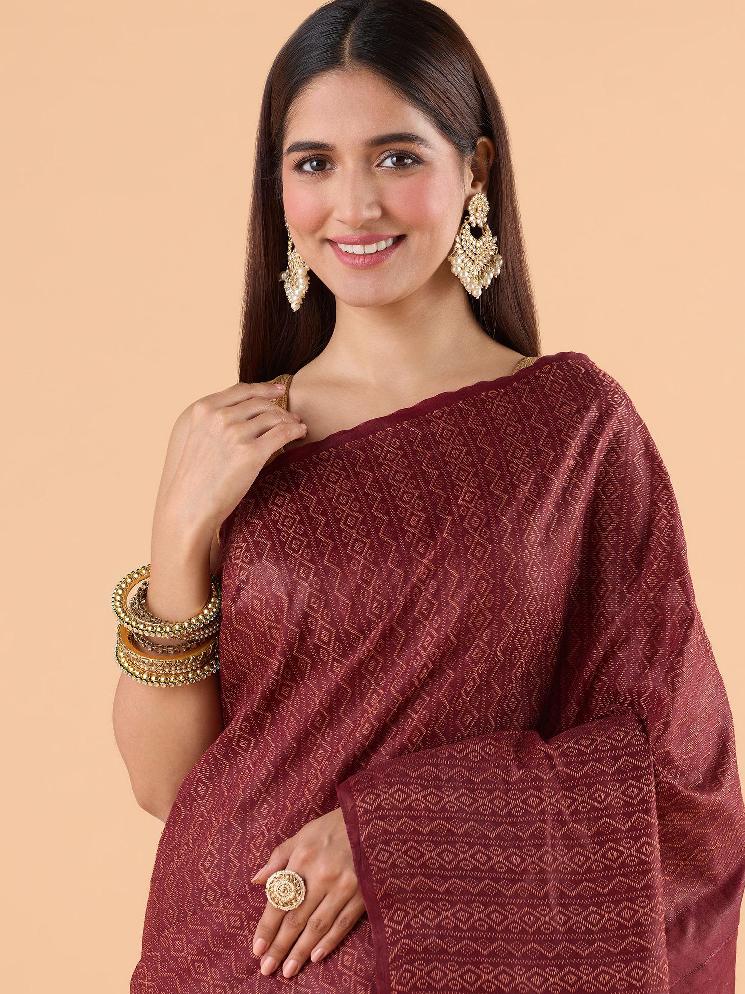 classy solid self textured with vertical thread work brown saree & unstitched blouse