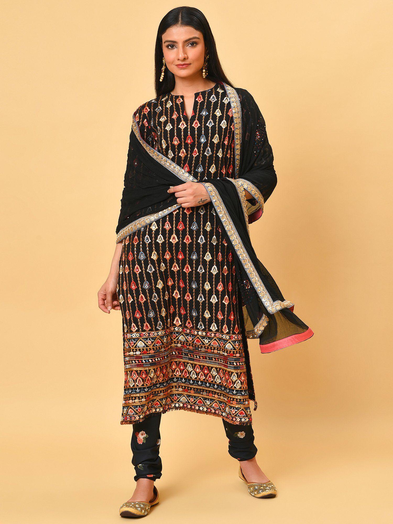 clasy in this black kurta churidar and dupatta (set of 3)