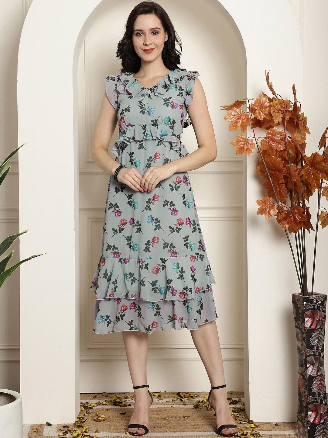 claura grey floral printed v-neck flutter sleeves ruffle detailed a-line midi dress