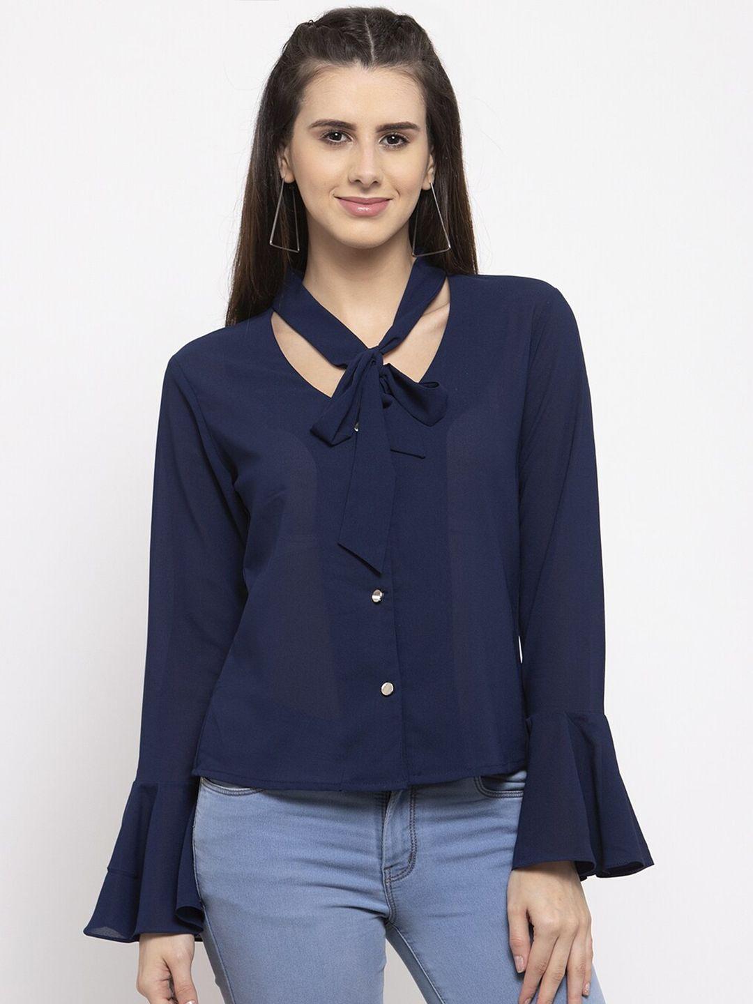 claura navy blue solid tie-up neck georgette shirt style top