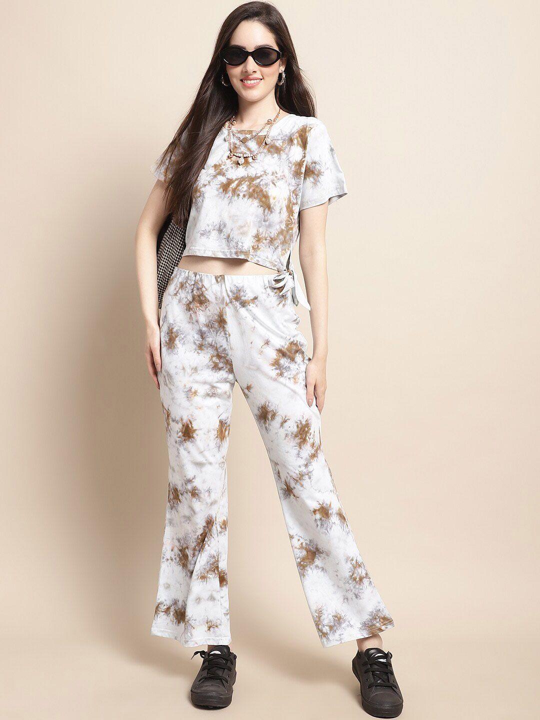claura off white & brown tie & dye top with flared trousers