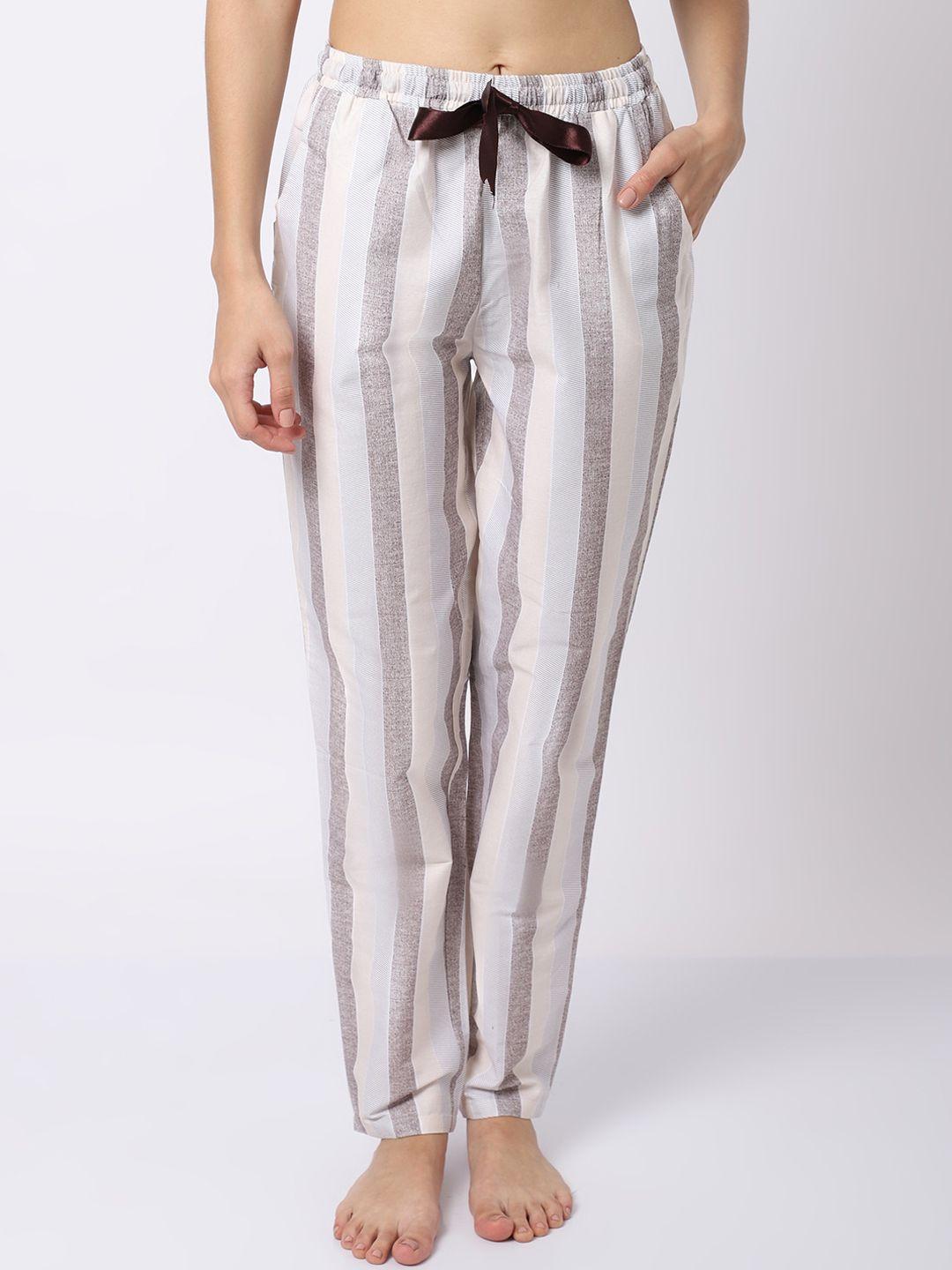 claura women beige striped printed pure cotton lounge pants