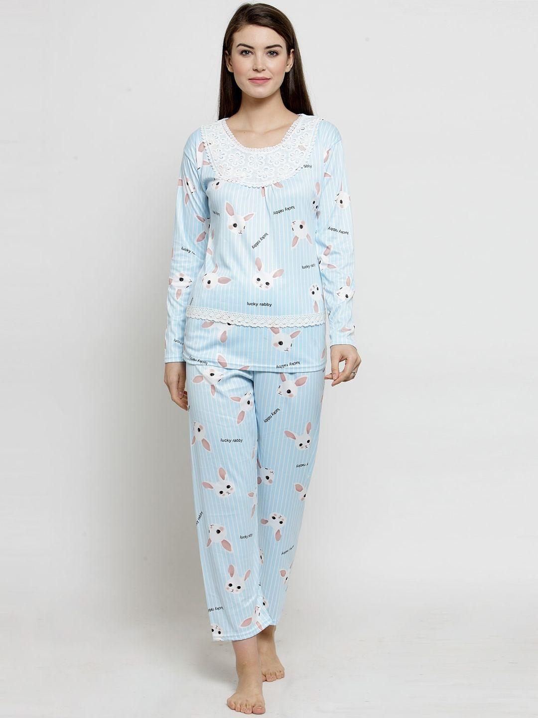 claura women blue & white printed night suit