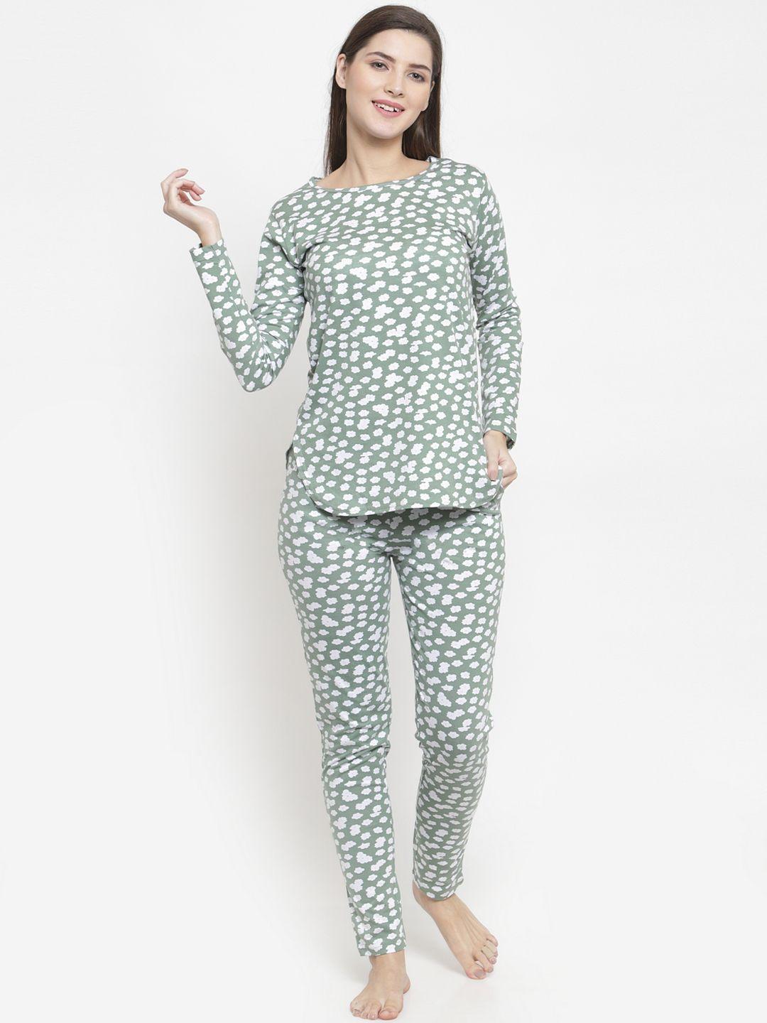 claura women green & white printed night suit cot-151