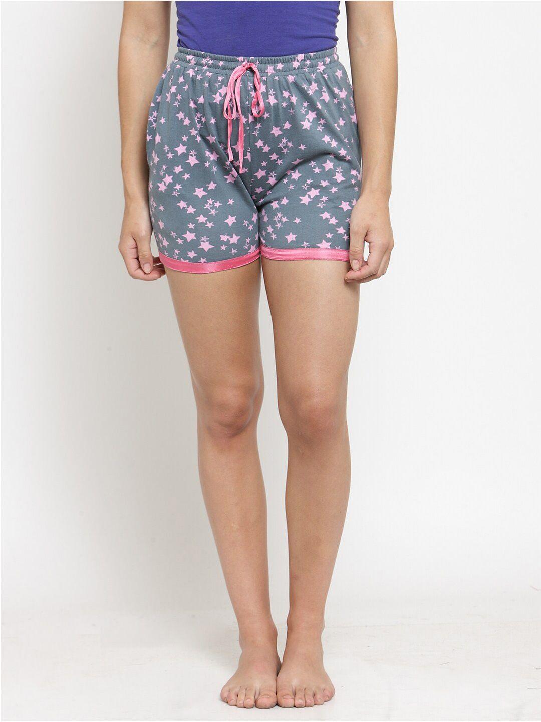 claura women grey & pink printed pure cotton lounge shorts
